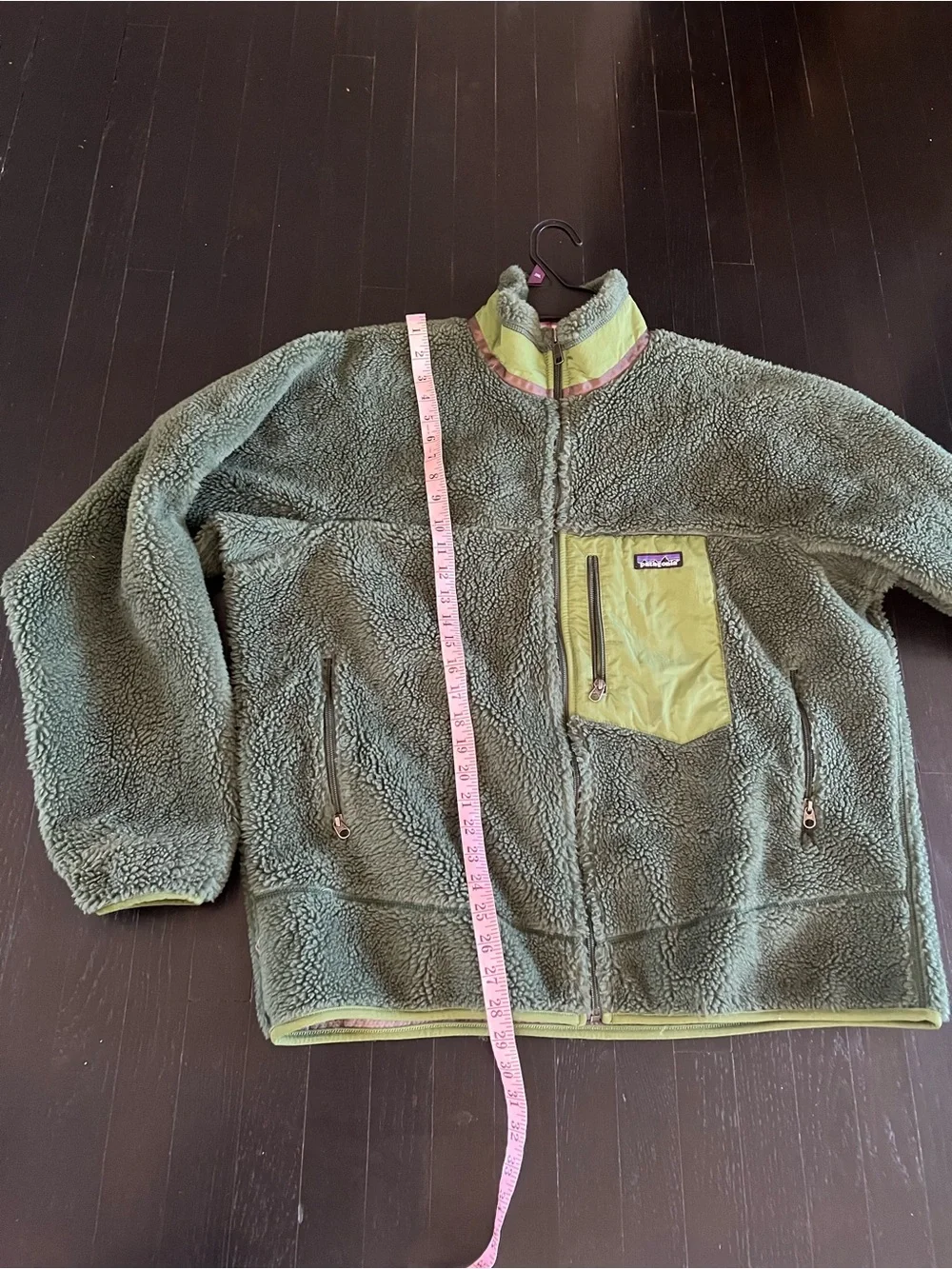Patagonia Olive Green Sherpa Fleece Jacket with Lime Pocket